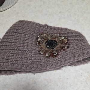 Brown Knit Headband with Floral Accent